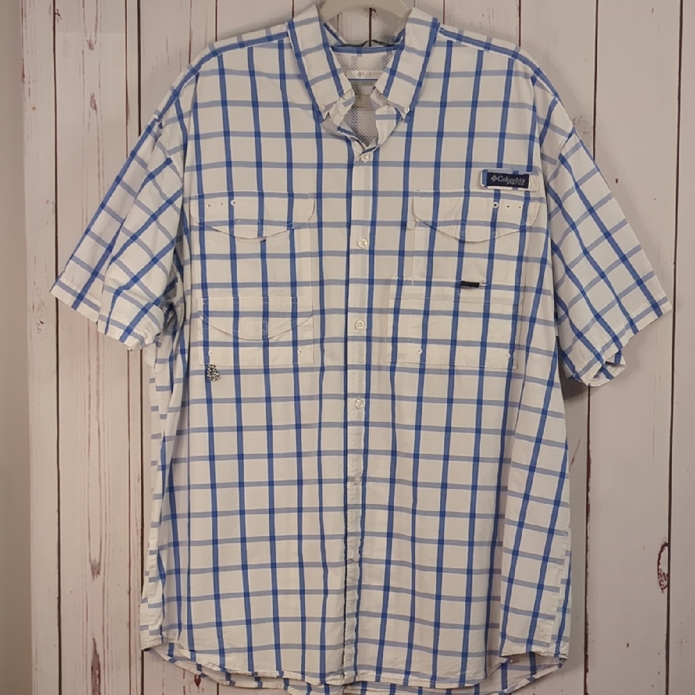 Columbia Blue White Plaid Button‎ Down Short Sleeve Shirt PFG Super Bonehead 1X